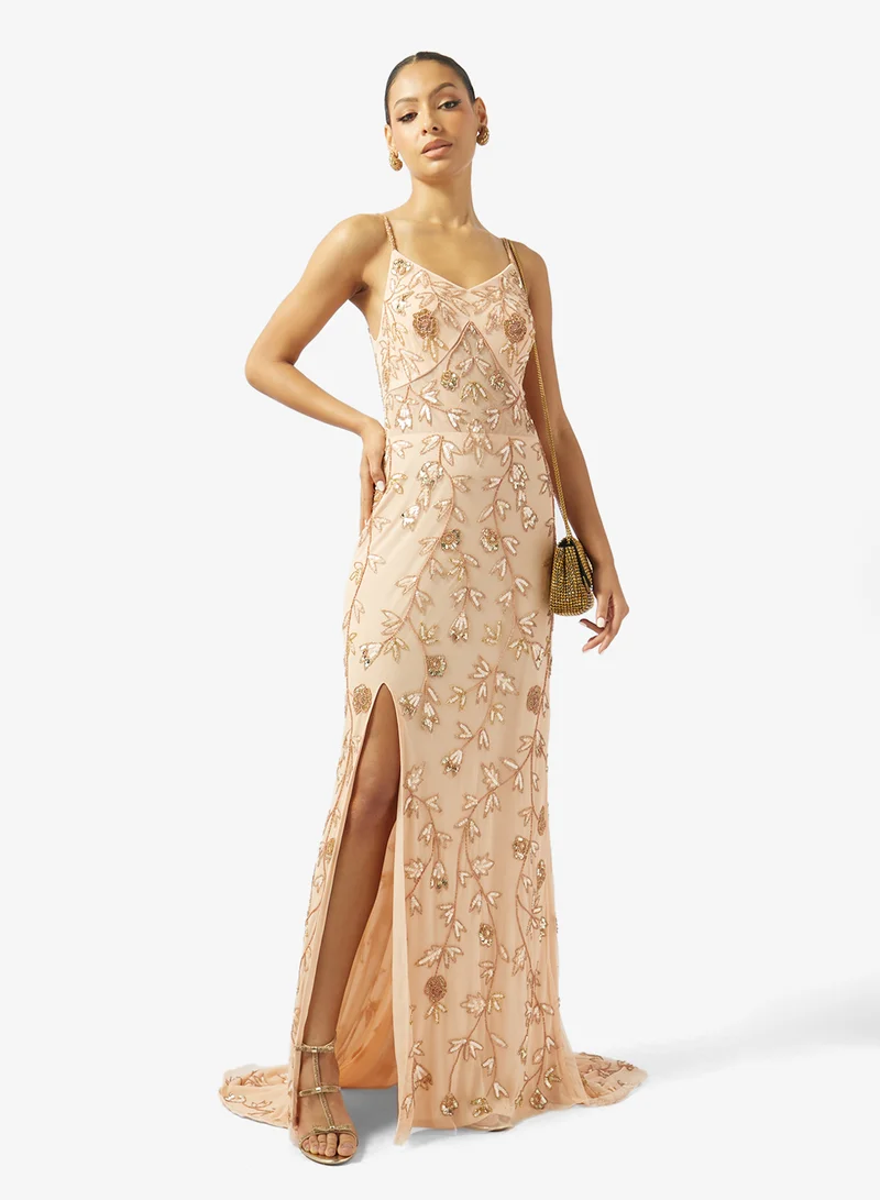 Namshi x  Bead Embellished Evening Gown with Slit for Women | Best Price UAE